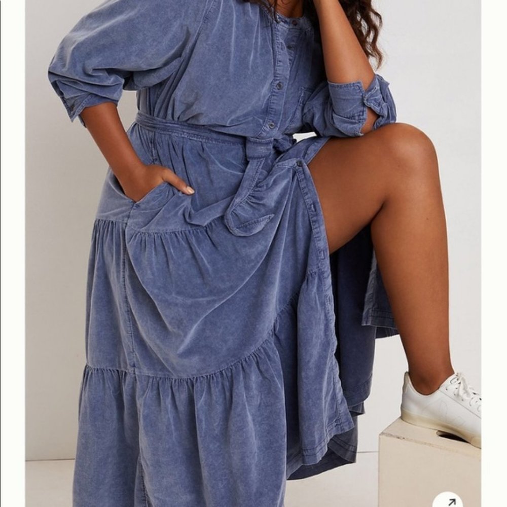 Washed Blue Tiered Button-Front Midi Dress with Belt